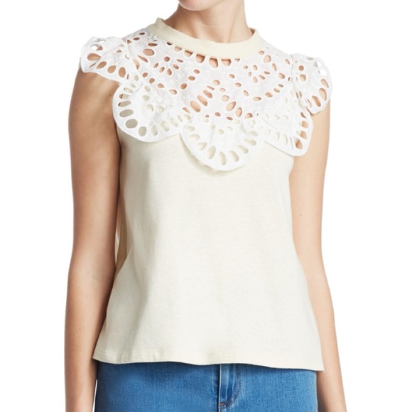 See By Chloe Eyelet Bib Neck Cotton Top Buttercream white - Picture 1 of 14